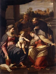 Madonnaen og barnet med de hellige Lucy, Dominic og Louis af Frankrig, et landskab med en by gennem en karm bagved,