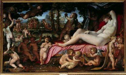 The Sleep of Venus Maleri af Annibale Carracci eller Annibal Carrache (1560-1609) 1602 Søn. 1,9x3,28 m Chantilly, Musee Conde