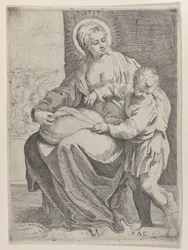 Jomfruen sad med en pude på skødet med den unge Kristus stående til højre..., 1580-1600.