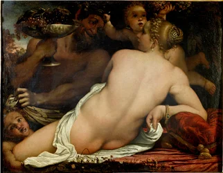 Bacchanten, Venus, satyr og to amoriner, detalje (olie på lærred, ca. 1588)