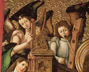126-0035385 Centralpanel af en altertavle dedikeret til Sankt Vincent Martyren af Saragossa, detalje af Engle, der spiller på harpe, fløjte og guitar, c.1466-87