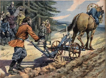 En russisk bonde pløjer marken ved hjælp af en plov, hvorpå der er lagt et lys. Conte de Easter Gravering fra avisen "" Le Petro Parisien"", den 19/04/1908. Privat samling.