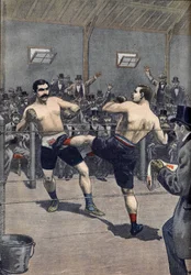 Et bokseangreb: den franske mester Joseph Charlemonts (1839-1918) sejr mod Jerry Driscoll med teknikken "savate""" i Le Petit Journal 1899