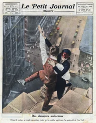 Et par ekstreme dansere udvikler sig på kanten af en skyskraber i New York. Illustration taget fra "Le petit journal illustré" af 21/08/1921. Privat samling