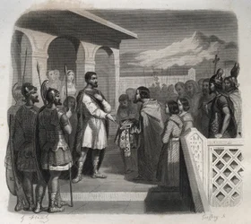 En deputation fra byen Clermont tilbyder bispeembedet til Saint Sidoine Apollinar (Caius Sollius Apollinaris Sidonius) politiker, eveque og gallo-romersk forfatter (430-486). Indgravering fra 1846 i ""De helliges liv"". Privat samling.