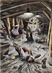 En flod invaderer Loetschberg-tunnelen i Schweiz under byggeriet. Gravering fra avisen "" Le Peute Parisien"", 9/08/1908. Privat samling.