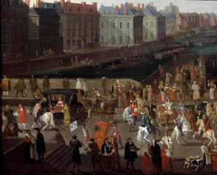 Aktiviteter og passage på Pont Neuf i Paris Anonymt maleri fra det 17. århundrede. Paris, Musee d