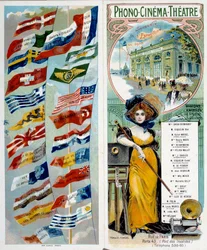 Reklame: Phono - biograf - teater: se og hør kendte kunstnere. Kromolitografi udgivet på verdensudstillingen i 1900 med forskellige landes flag. Paris, Musee Carnavalet - Plakatannoncering "" Phono - biograf - teater: se og hør f