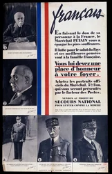 Reklameplakat for salg af portrætter af marskal Philippe Pétain under Anden Verdenskrig og til prisning af Pétain (solgt til fordel for den nationale nødhjælp til bekæmpelse af fattigdom)