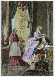 Affæren om dronningens halskæde (1785-1786): Kardinal Louis René Édouard de Rohan (1734-1803) foran kong Ludvig XVI (1754-1793) og dronning Marie Antoinette (1755-1793)