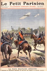 Luftmilitær post: hvordan løjtnant Georges Bellenger (1878-1977) sendte sin rapport til general Meunier, forsiden af ​​avisen "Le petit parisien" den 2/10/1910 (gravering)