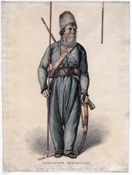 Alexander Zemlyanukhin, kosak fra Don-regimentet - Anonym - ca 1813 - Radering, akvarel - 34,3x25,3 - Privat samling