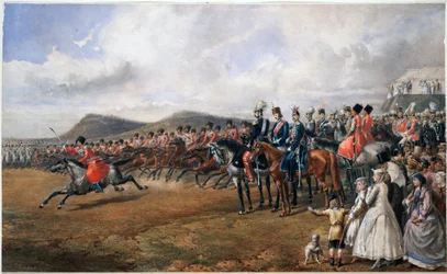 Alexandre II (1818-1881) passant les torupes en revue - Zar Alexander II anmelder tropper - Anonym - 1867 - Akvarel på papir - 55x90 - Privat samling