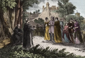 Alibgensisk kætteri - St. Dominic prædiker for albigenseren - Saint Dominica (Dominica de Guzman) (1170-1221) prædikerer til albigeoiserne - Indgravering af 1846 i "De helliges liv"". Privat samling.