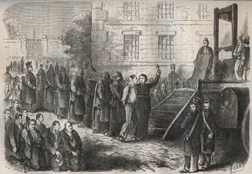 En henrettelse ved Toulon Bagne i det 19. århundrede. Indgravering i "Fangernes historie fra deres skabelse til i dag"" (1877) af Pierre Zaccone (1817-1895) (Colonia Penale - Straffekoloni). Privat samling.