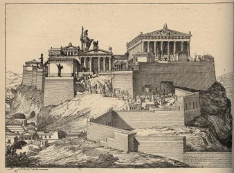 Det antikke Grækenland: Parthenon, Athenas tempel, på Akropolis-højen i Athen (Det antikke Grækenland: Athen, Akropolis - Parthenon - gravering, 1890)