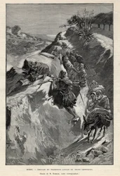 Andjera-bjergopstanden i Marokko: baghold af angherrister, der venter på sheriffiske tropper. Stik i “Le monde illustree”” fra 1892. Privat samling.