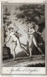 Apollo og Daphne. Nymfen Daphne bliver til en laurbær for at undslippe Apollo. Stik fra 1819 i "Lettres a Emilie sur la mythologie" af Charles Albert Demoustier (1760-1801). Privat samling.