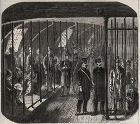 Ankomst af styrkerne om bord under konvojen fra Toulon til Cayenne (Guyana) i henhold til dekretet af 8. december 1851. Indgravering i "Historien om fængslerne fra deres oprettelse til i dag"" (1877) af Pierre Zaccone (1817- 1895) (Colonia Penale - Penal c