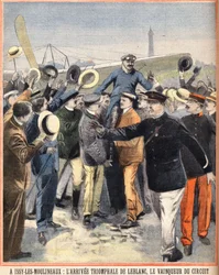 Ankomst triumf af Alfred LeBlanc (1869-1921), fransk pilot, vinder af luftkredsløbet ved Issy Les Moulineaux (Issy-Les-Moulineaux). Indgravering i "Den lille pariser" den 14.08.1910