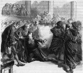 Attentatet på Gustav III af Sverige - mordet på Gustav III (1746-1792), Sveriges konge, under maskeballet i Den Kongelige Opera i Stockholm begået af Jacob Johan Ankarström - stik i “Histoire des Girondins” af Alphonse de Lamartine (1790)