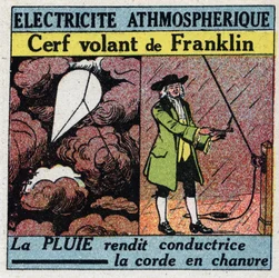 Atmosfærisk elektricitet: Benjamin Franklins flyvende hjort (1706-1790) i sommeren 1752. Anonym illustration fra 1925. Privat samling.