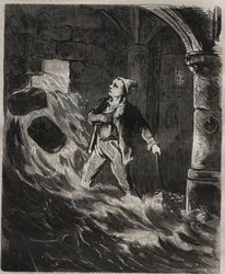 Forsøg på flugt fra Toulon Bagne i det 19. århundrede. Indgravering i "Fangernes historie fra deres skabelse til i dag"" (1877) af Pierre Zaccone (1817-1895) (Colonia Penale - Straffekoloni). Privat samling.