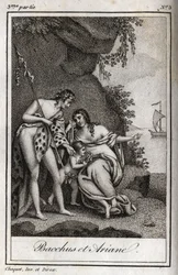Bacchus et Ariane (Bacchus og Ariadne) Stik fra 1819 i "Lettres a Emilie sur la mythologie" af Charles Albert Demoustier (1760-1801). Privat samling.