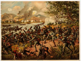 Bataille de la Drina (Bosnie, Serbien) 1914 - Slaget ved Drina - Anonym - 1914 - Farvelitografi - 39x52,2 - Privat samling