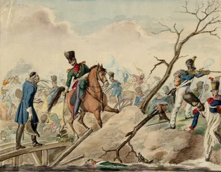 Bataille de Leipzig (bataille des Nations) - En episode fra slaget ved Leipzig - Anonym - 1813 - Akvarel på papir - 16,2x20,8 - Privat samling