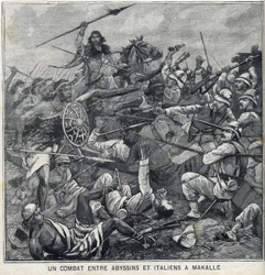 Kamp mellem Abyssins of Menelik II og italienere i Makalle, Etiopien. Gravering i "" Le Petite Parisien""