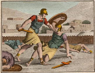 Slaget ved Horaces og Curiaces - Slaget mellem Horatii og Curiatii - Indgravering fra "" Ungdommens Rollin eller udvalgte stykker af antikke og romerske historier"" 1816 - Privat samling