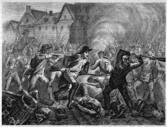Slaget ved Le Mans i 1793 under Vendeekrigen. Indgravering fra 1866 i "Histoire de la Revolution francaise"" af Adolphe Thiers. Privat samling.