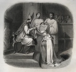 Den salige Maria af Inkarnationen (Barbe Jeanne Avrillot) (1566-1618), fransk mystiker, modtager karmelitersløret i 1614. Stik fra 1846 i »Helgenernes liv«. Privatsamling.