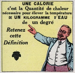 Kalorimetri: en kalorie er den mængde varme, der skal til for at hæve temperaturen på et kilo vand med en grad. Anonym illustration fra 1925. Privat samling.