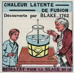 Kalorimetri: den latente fusionsvarme opdaget af Joseph Black (1728-1799) i 1761-1762. Resultat for is. Anonym illustration fra 1925. Privat samling.