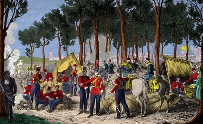 Camping af russiske og engelske tropper ved Champs Elysees i Paris i juli 1815 efter Napoleon 1.s nederlag, gravering, privat samling