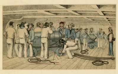 "" Britiske flådeskytter på dækket "" (britiske flådeskytter på kanondæk) Anonym litografi ca. 1850 Dim 21,9 x 28,6 cm Privat samling