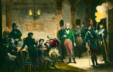 Sagen om Louis de Bourbon, hertugen af Enghien (1772-1804): Retssagen mod prinsen mistænkt for at have konspireret mod den første konsul Napoleon Bonaparte, han blev dømt og henrettet uden bevis. Stik fra 1804. Privat samling - Dommeren