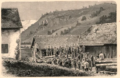 Fejring af katolsk gudstjeneste i Saint Ursanne (Saint Ursanne) i Schweiz i 1874, efter et fotografi. Indgravering i "The Catholic Missions in the XIXth Century"" af Louis-Eugene (Louis Eugene) Louvet. privat samling.