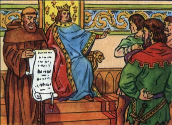 Charles IV the Bel (1294-1328) pålagde herrerne sin testamente. Anonym illustration i ""Samling af Frankrigs suveræner og statsoverhoveder"". 20. århundrede. Privat samling.
