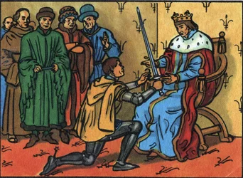 Charles V. De vise (1338-1380) overdrager højtideligt konstabelsværdet til Bertrand du Guesclin (1320-1380). Anonym illustration i ""Samling af Frankrigs suveræner og statsoverhoveder"". 20. århundrede. Privat samling.