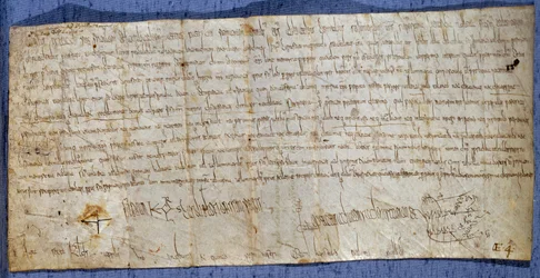 Kong Karl den Stores brev (Karl I, Karl den Store eller Carolus Magnus) (742-814), der fritager klostret Saint-Denis for toldafgifter under markedet. Slutningen af det 8. århundrede. Paris, Nationalarkivet