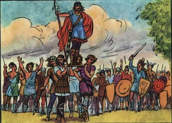 Clovis (konge af francerne fra 481 til 511) blev valgt til konge af salianerne, som bar ham på bolværket (skjoldet), mens de rejste rundt i lejren. Anonym illustration i "" Collection des souverains et chefs d