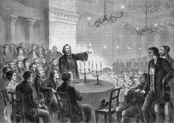 Konference af reformator Johannes (Jean) Ronge (1813-1887) i Wien i 1868. Han grundlagde den universelle kristne kirke. stik af 1868. Privat samling.