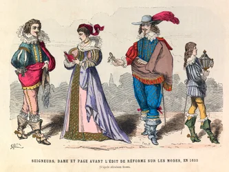 Kostumer af herrer, dame og side før redigeringen af reformen om mode i Paris i 1633 - privat samling