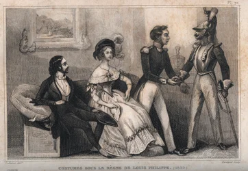 Kostumer under Louis Philippes styre (1839). Stik fra 1859 i "" Le Monde. Alle folkeslags historie fra de fjerneste tider til i dag”. af M. E. de Lostalot-Bachoue (Lostalot Bachoue). Privat samling.