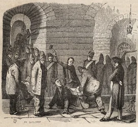 Kobling ved Rochefort bagne i det 19. århundrede. Indgravering i "Fangernes historie fra deres skabelse til i dag"" (1877) af Pierre Zaccone (1817-1895) (Colonia Penale - Straffekoloni). Privat samling.