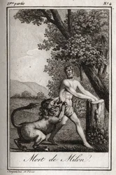 Død af Milon de Crotone (Milo af Croton) fortære af en ulv. Stik fra 1819 i "Lettres a Emilie sur la mythologie" af Charles Albert Demoustier (1760-1801). Privat samling.