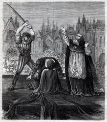 Halshugning af greve Egmont og Hoorn (1568) i Bruxelles under spansk tyranni i Holland - Fire Tyveårskrig (1568-1648): afskæring af Lamoral, greve af Egmont, prins af Gavre (1522-1568), hollandsk politiker. Han blev dømt i rammen